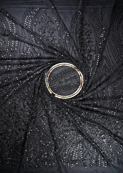 Black Imported Net Fabric With All Over Sequins, Katdana And Bead Work With One Side Border 24091