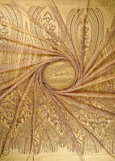 Golden Imported Net Fabric With All Over Sequins, Katdana And Bead Work With One Side Border 24092