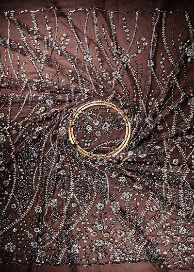 Brown Imported Net Fabric With All Over Sequins And Bead Work With Scalloped Border 24096