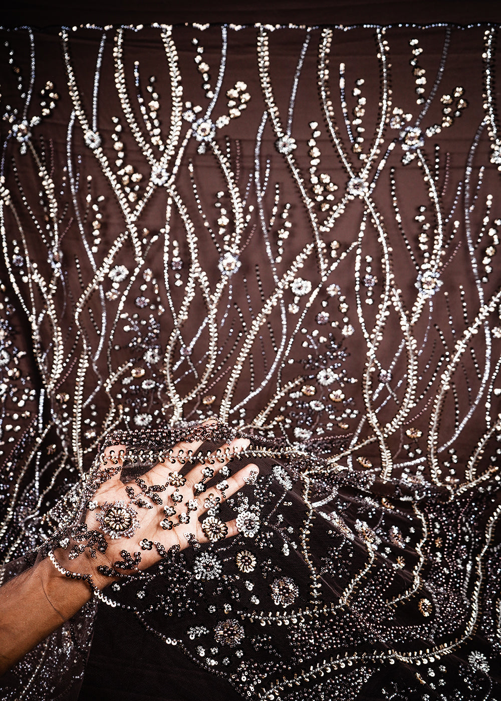 Brown Imported Net Fabric With All Over Sequins And Bead Work With Scalloped Border 24096