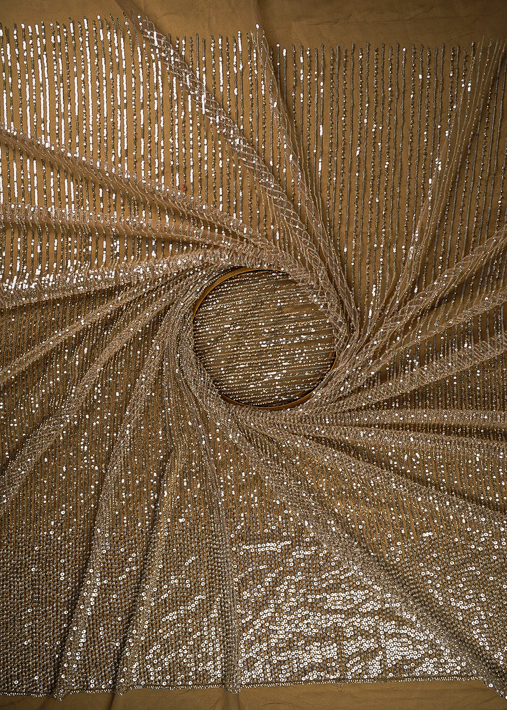 Beige Imported Net Fabric With All Over Sequins And Katdana Work With Border 24099