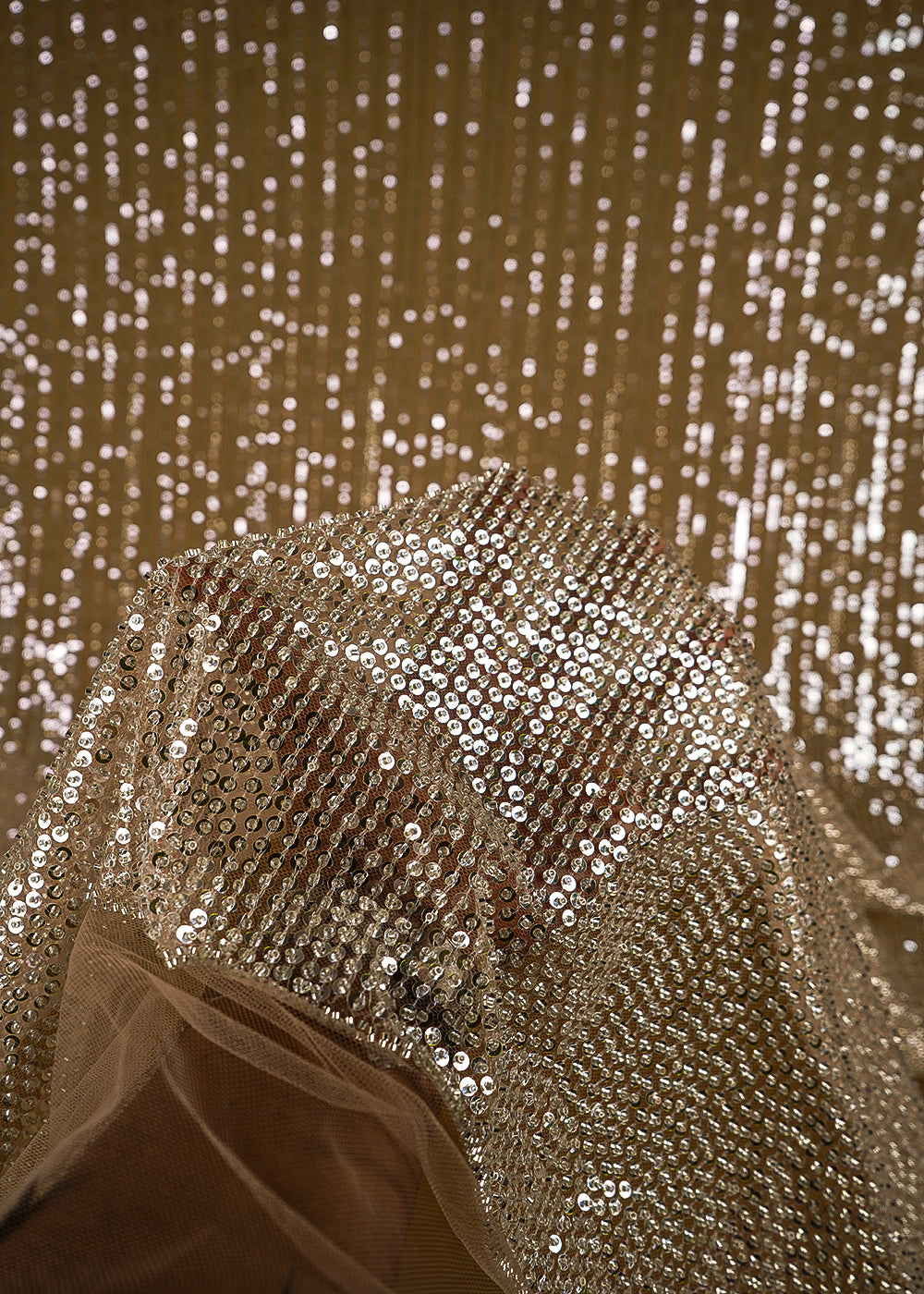 Beige Imported Net Fabric With All Over Sequins And Katdana Work With Border 24099