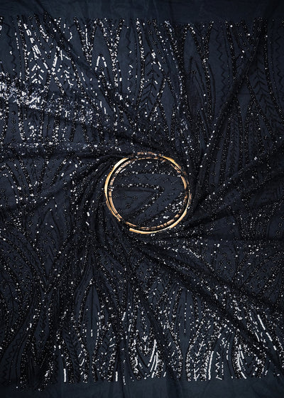 Black Imported Net Fabric With All Over Sequins, Katdana And Bead Work 24102
