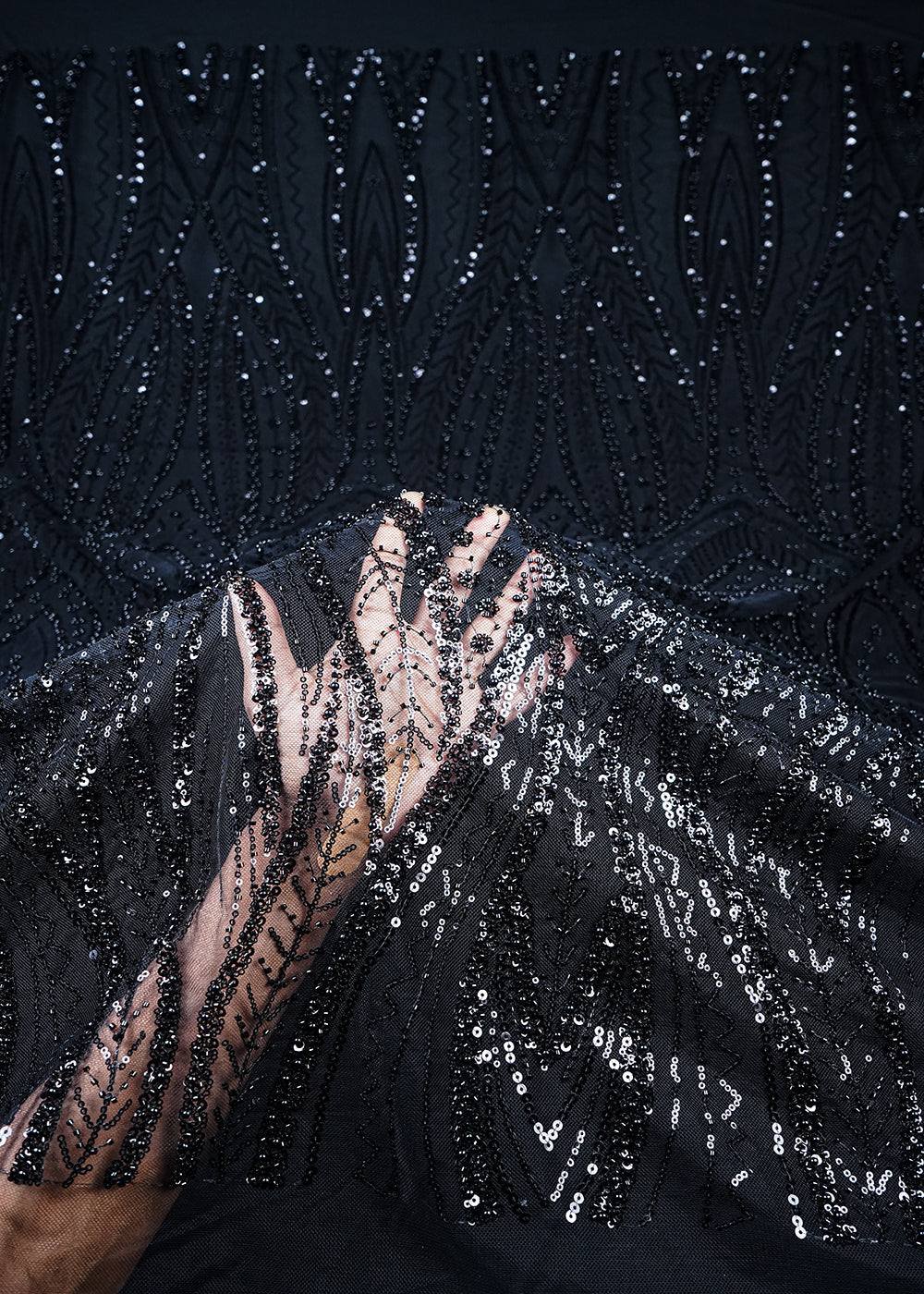 Black Imported Net Fabric With All Over Sequins, Katdana And Bead Work 24102