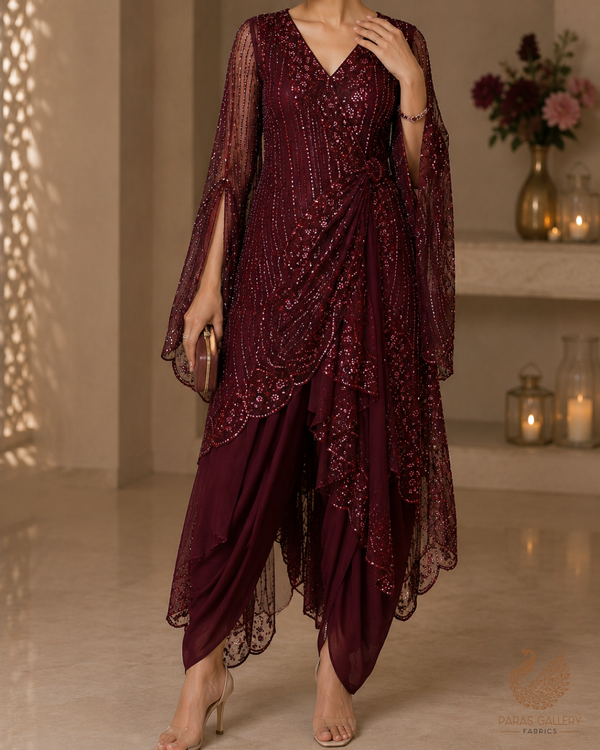 Maroon Net Fabric With All Over Bead, Sequins And Scalloped Borders 24103