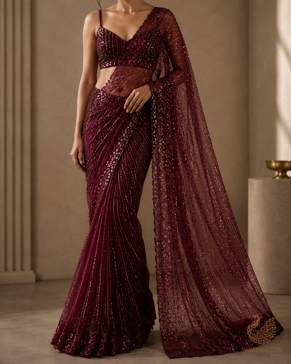 Maroon Net Fabric With All Over Bead, Sequins And Scalloped Borders 24103
