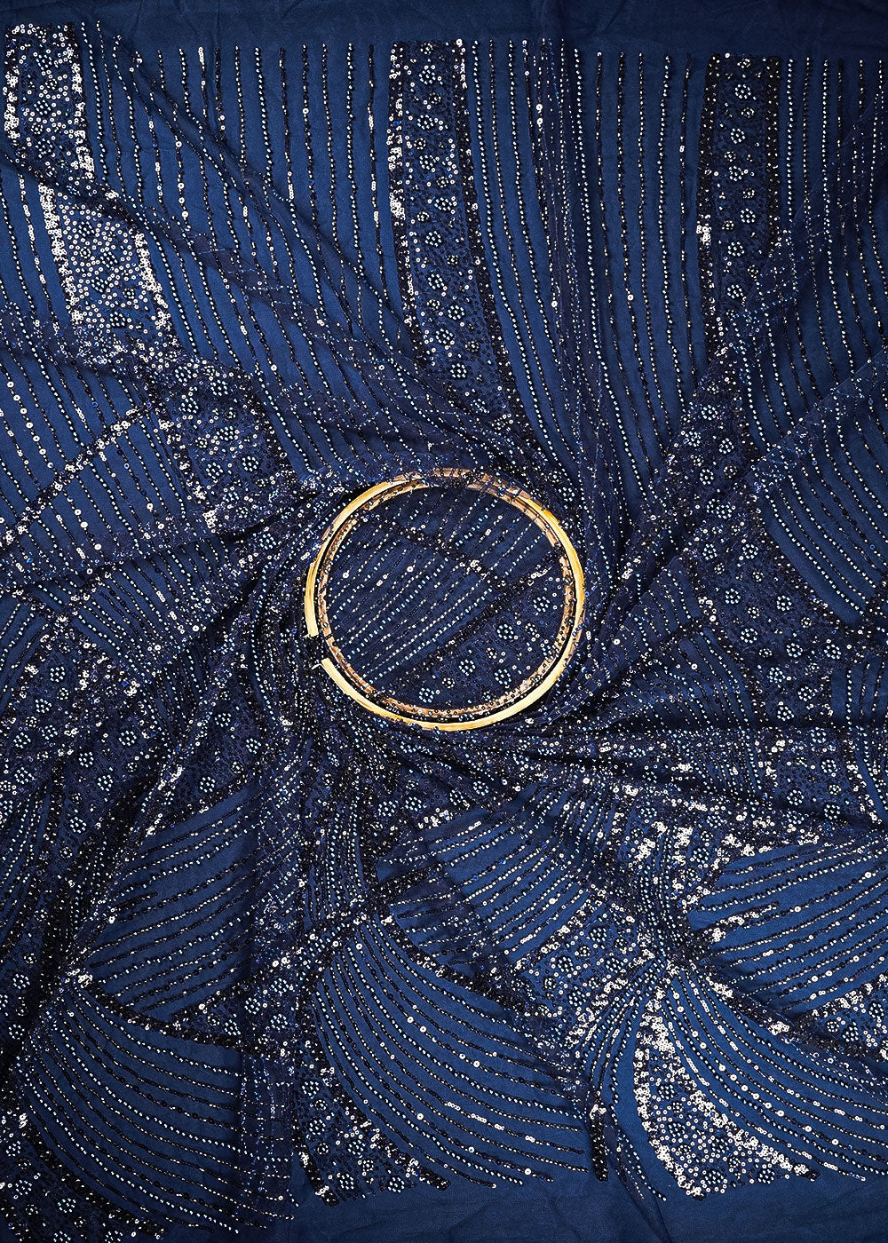 Navy Blue Net Fabric With All Over Bead, Sequins And Scalloped Borders 24104