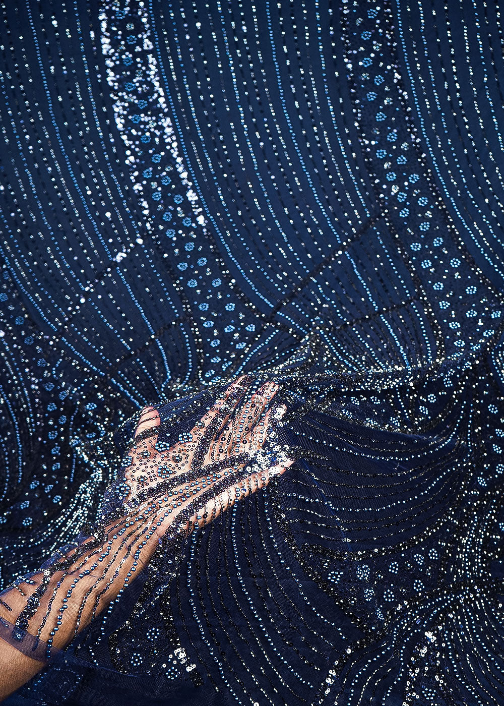 Navy Blue Net Fabric With All Over Bead, Sequins And Scalloped Borders 24104
