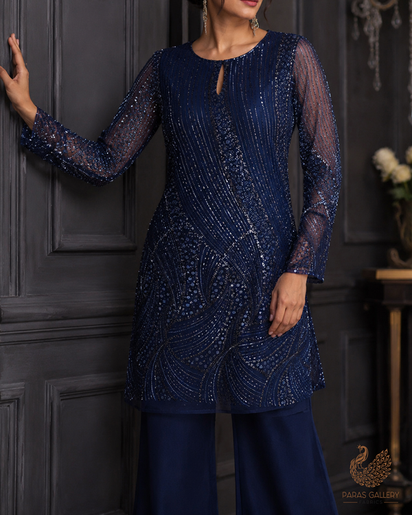 Navy Blue Net Fabric With All Over Bead, Sequins And Scalloped Borders 24104