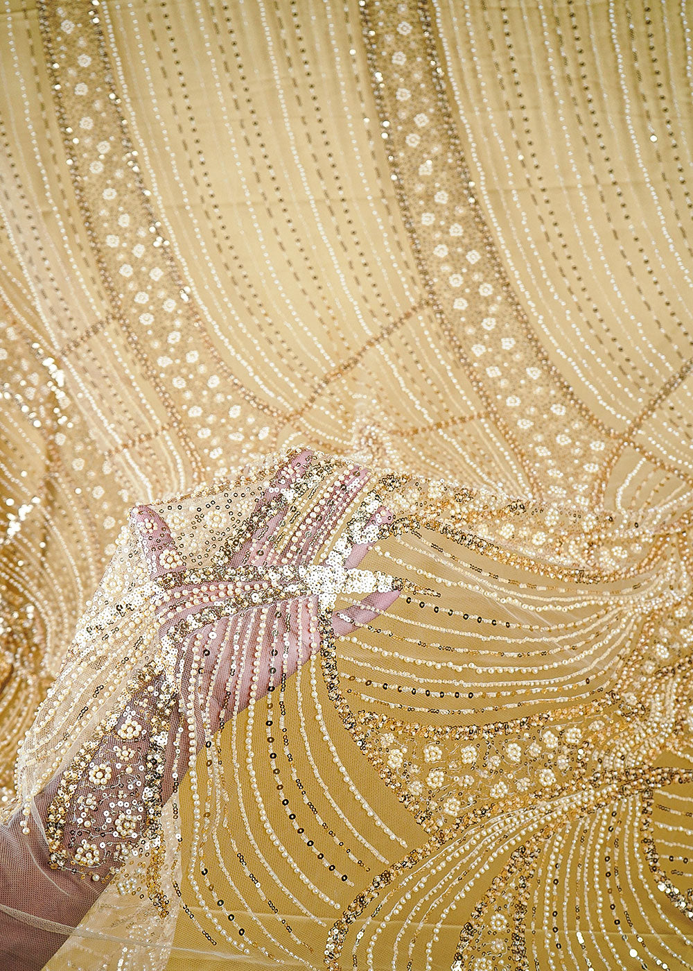 Gold Net Fabric With All Over Bead, Sequins And Scalloped Borders 24105