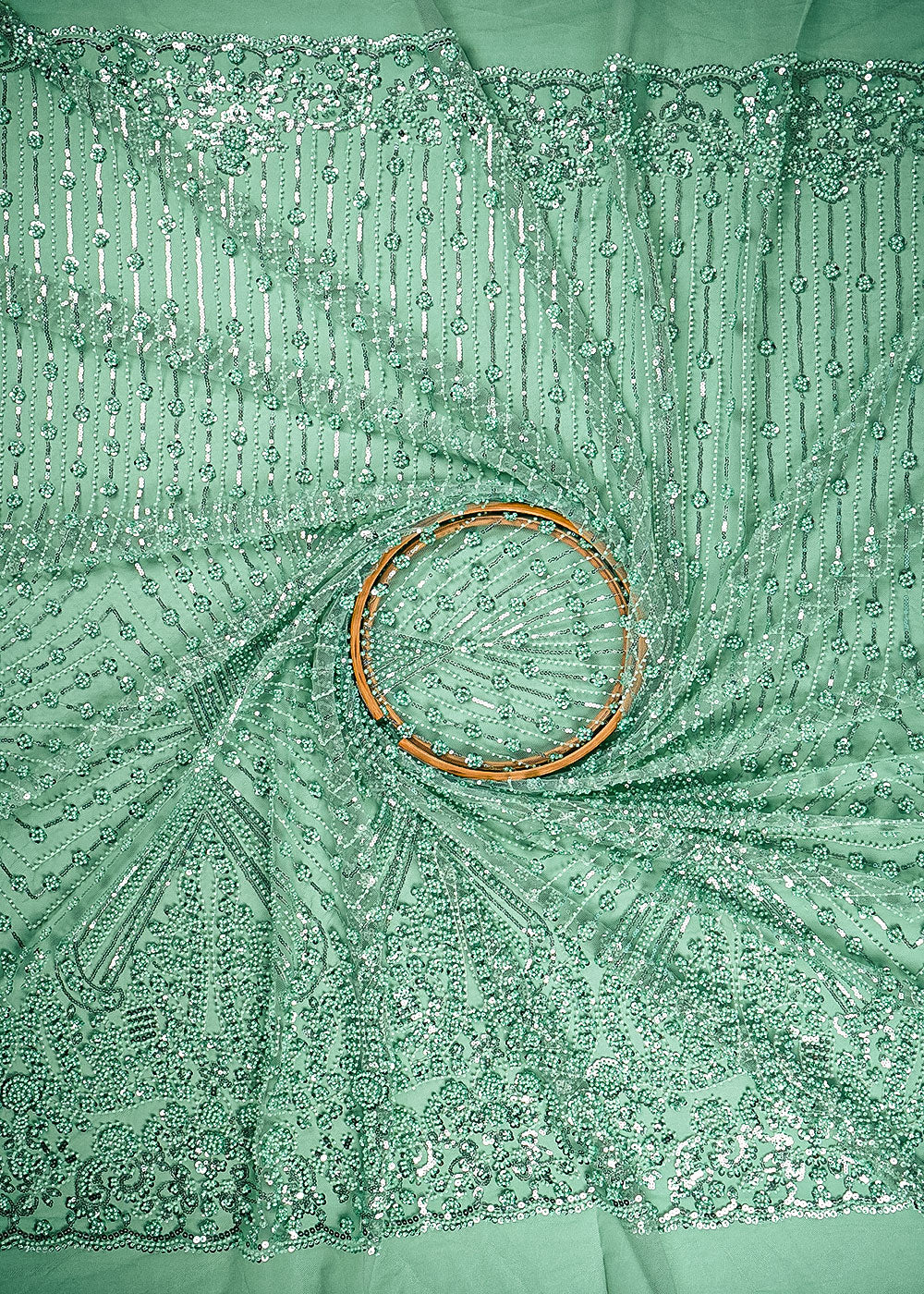 Mint Green Net Fabric With All Over Bead, Sequins And Scalloped Borders 24106