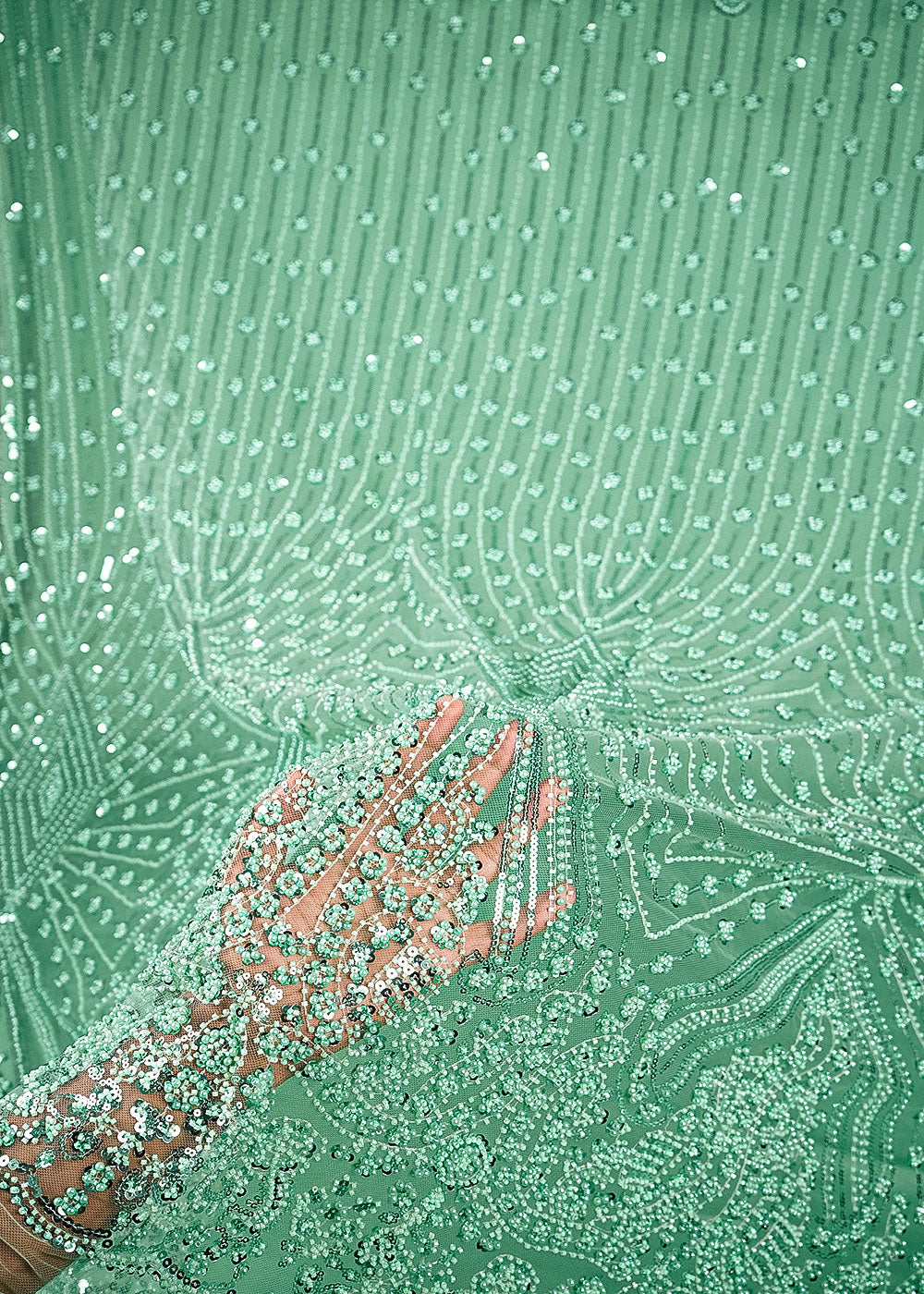 Mint Green Net Fabric With All Over Bead, Sequins And Scalloped Borders 24106