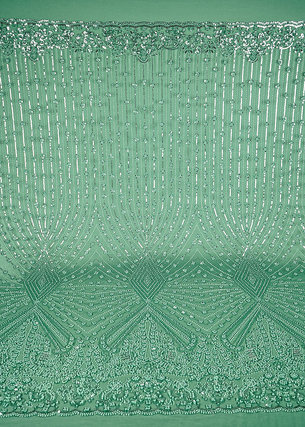 Mint Green Net Fabric With All Over Bead, Sequins And Scalloped Borders 24106