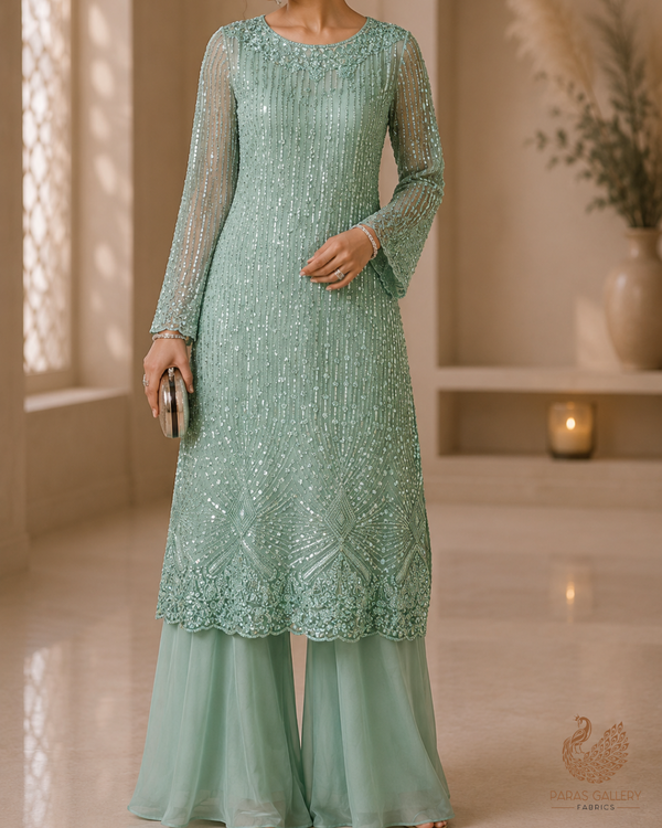 Mint Green Net Fabric With All Over Bead, Sequins And Scalloped Borders 24106
