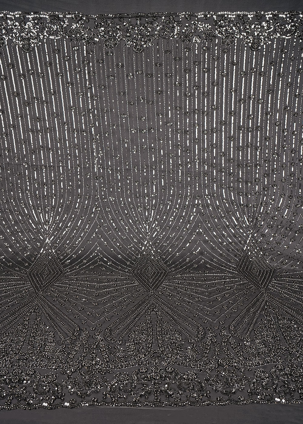 Grey Net Fabric With All Over Bead, Sequins And Scalloped Borders 24107