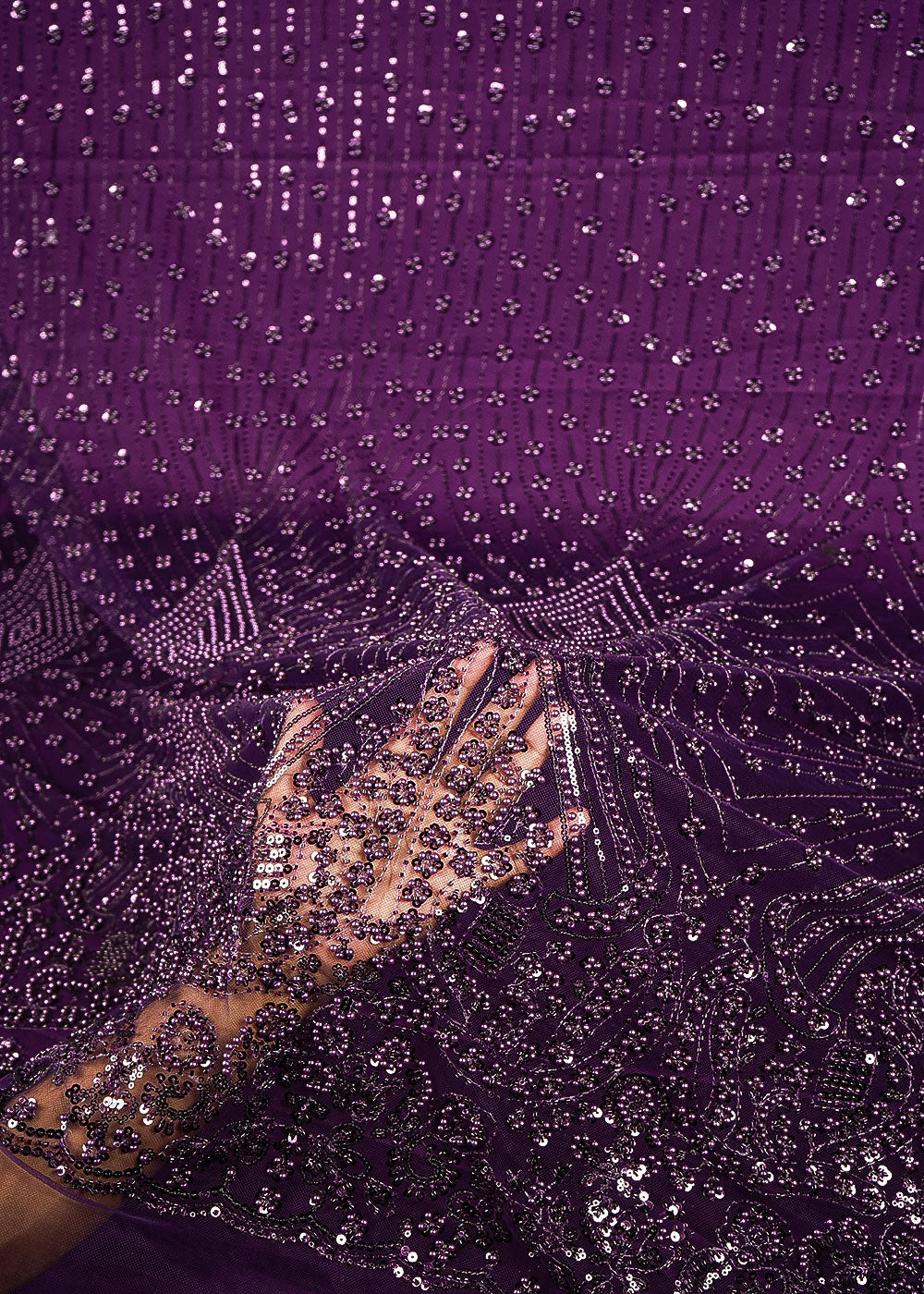 Purple Net Fabric With All Over Bead, Sequins And Scalloped Borders 24108