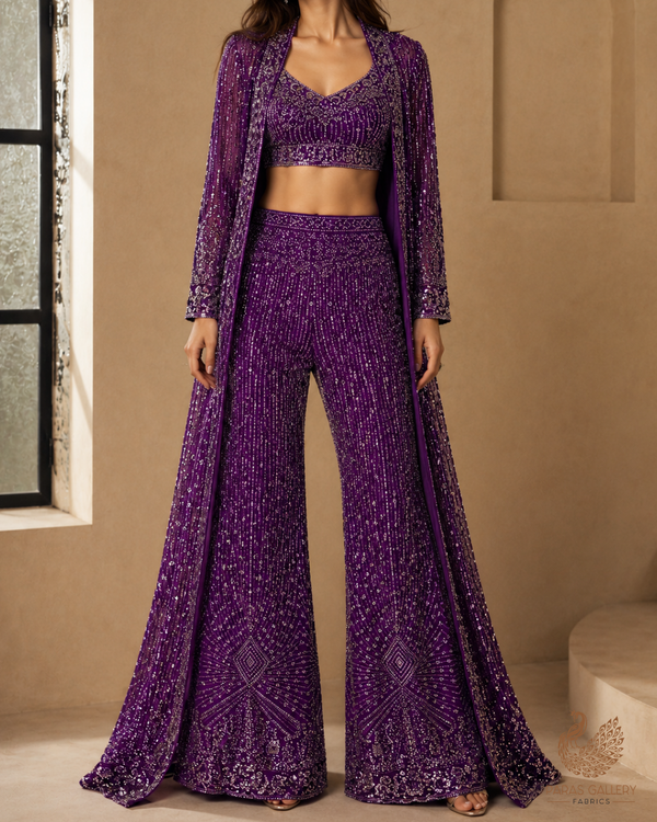 Purple Net Fabric With All Over Bead, Sequins And Scalloped Borders 24108