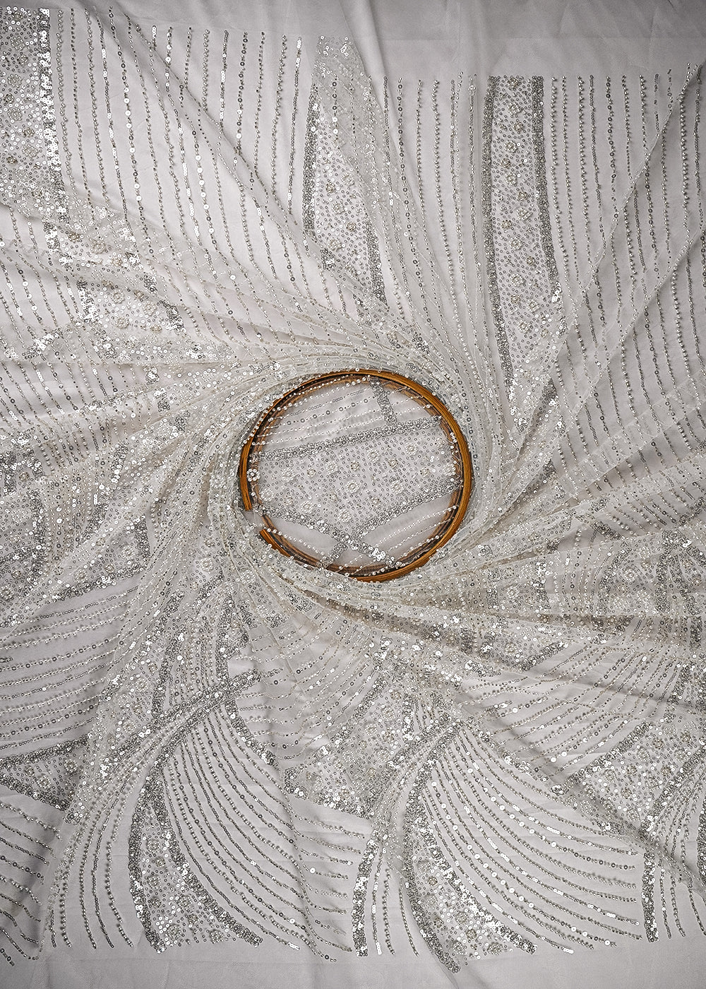 White Imported Net Fabric With All Over Sequins And Bead Work With One Side Border 24111