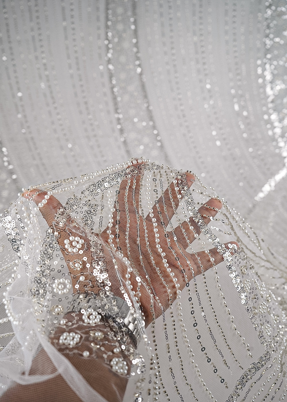White Imported Net Fabric With All Over Sequins And Bead Work With One Side Border 24111