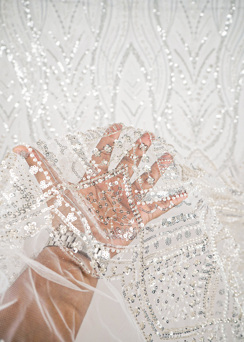 White Imported Net Fabric With All Over Bead And Sequins Work With One Side Scalloped Border 24113