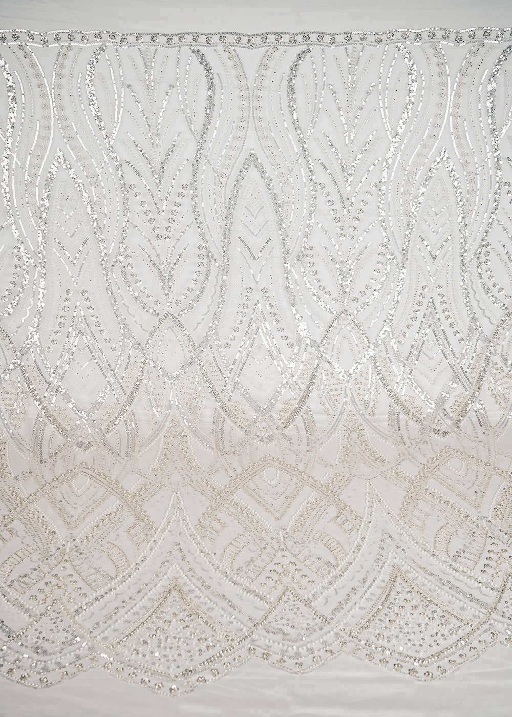 White Imported Net Fabric With All Over Bead And Sequins Work With One Side Scalloped Border 24113
