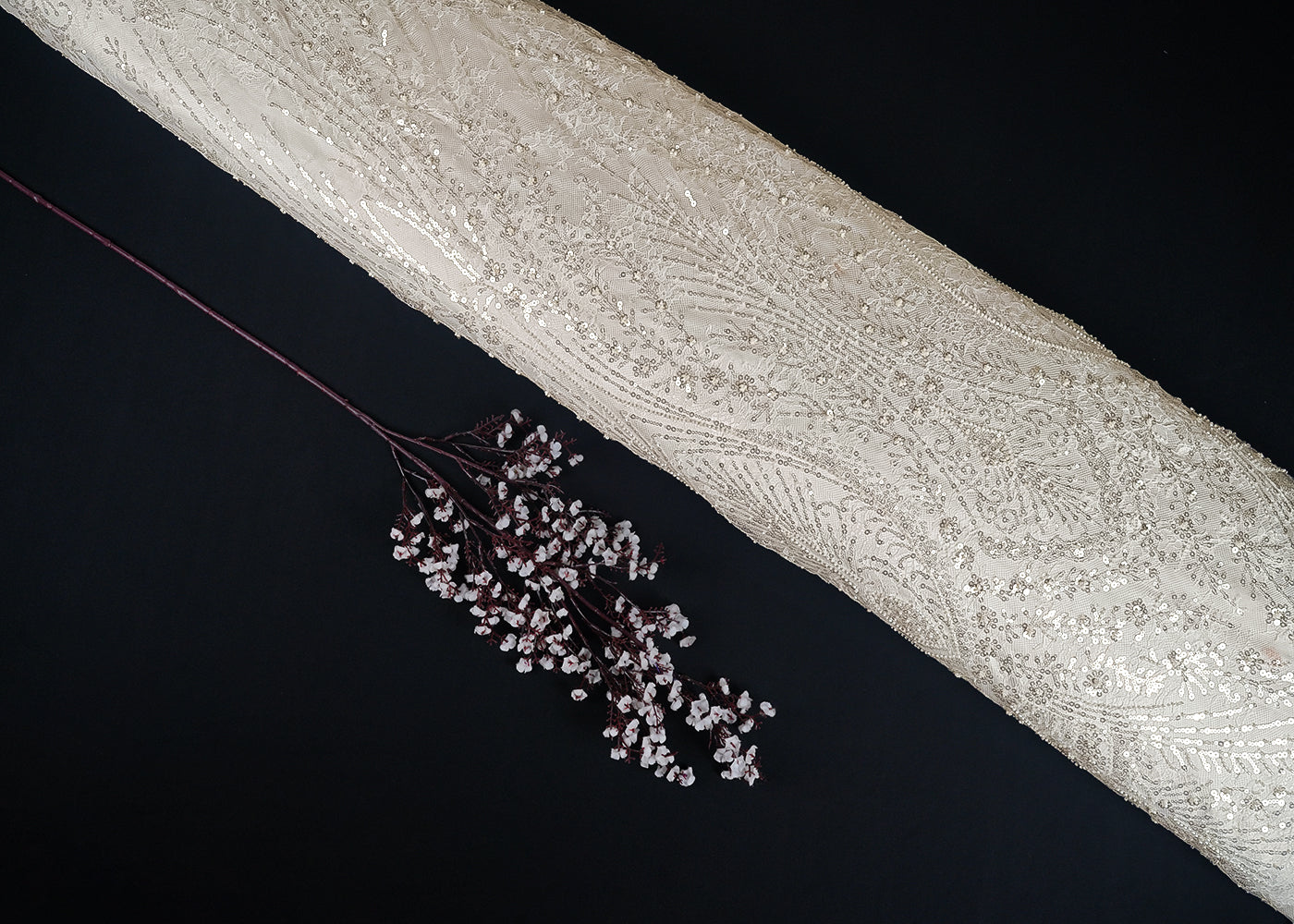 White Sandlin Lace Fabric With All Over Katdana And Sequins Work 24114