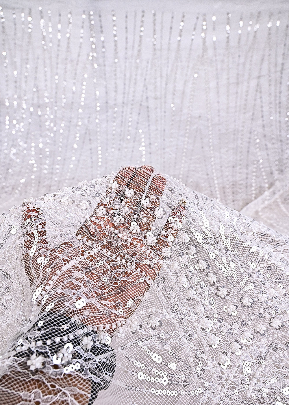 White Dyeable Sandlin Lace Fabric With All Over Katdana And Sequins Work With Border 24116