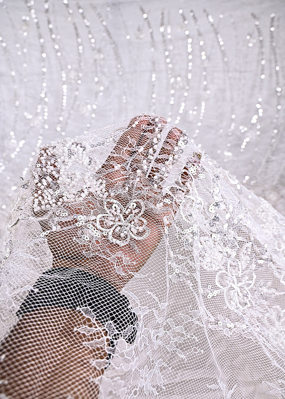 White Dyeable Sandlin Lace Fabric With All Over Katdana And Sequins Work With Border 24119