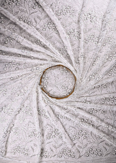 White Dyeable Sandlin Lace Fabric With All Over Katdana And Sequins Work With Border 24120