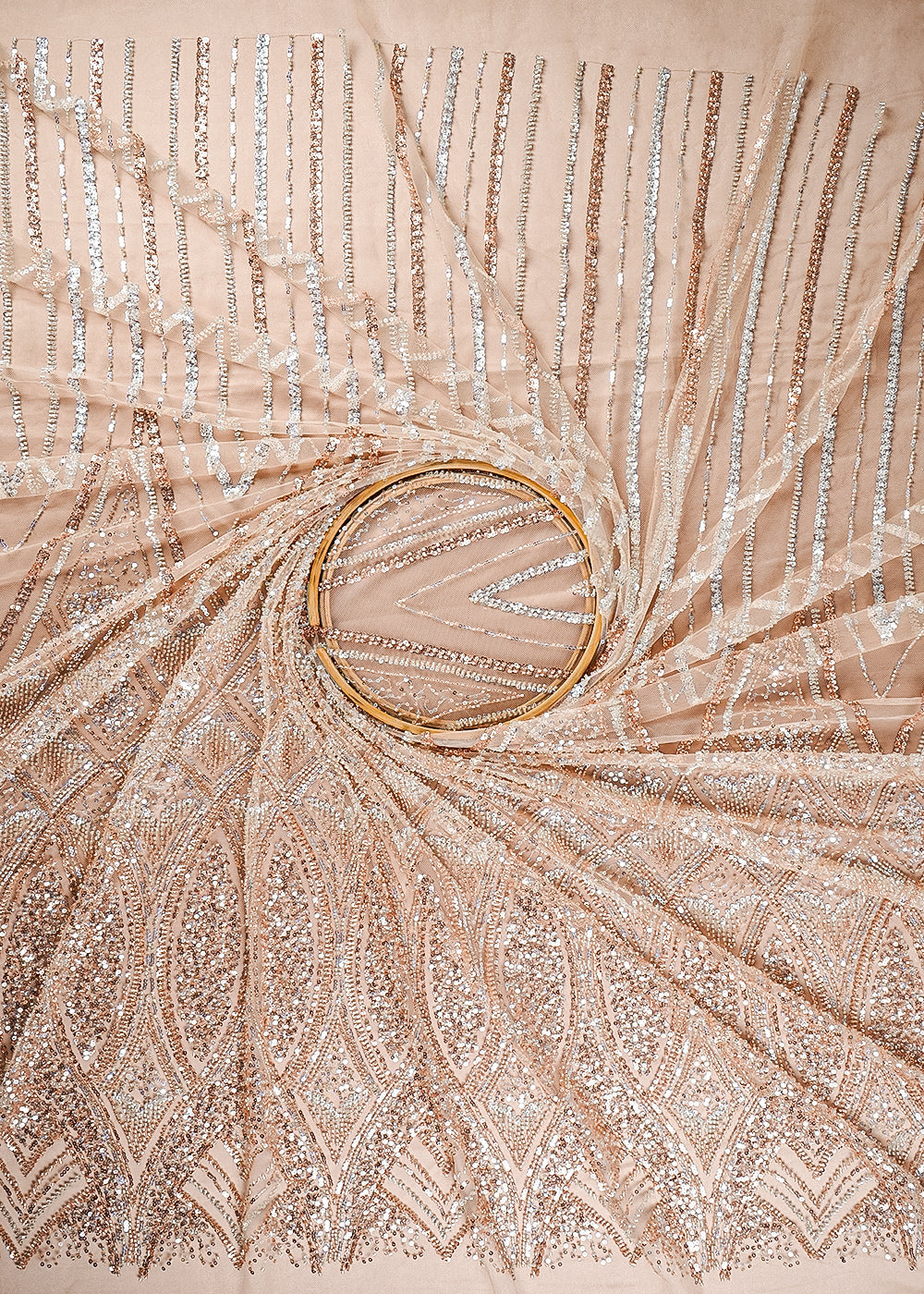 Light Gold Imported Net Fabric With All Over Sequins And Katdana Work With Border 24124