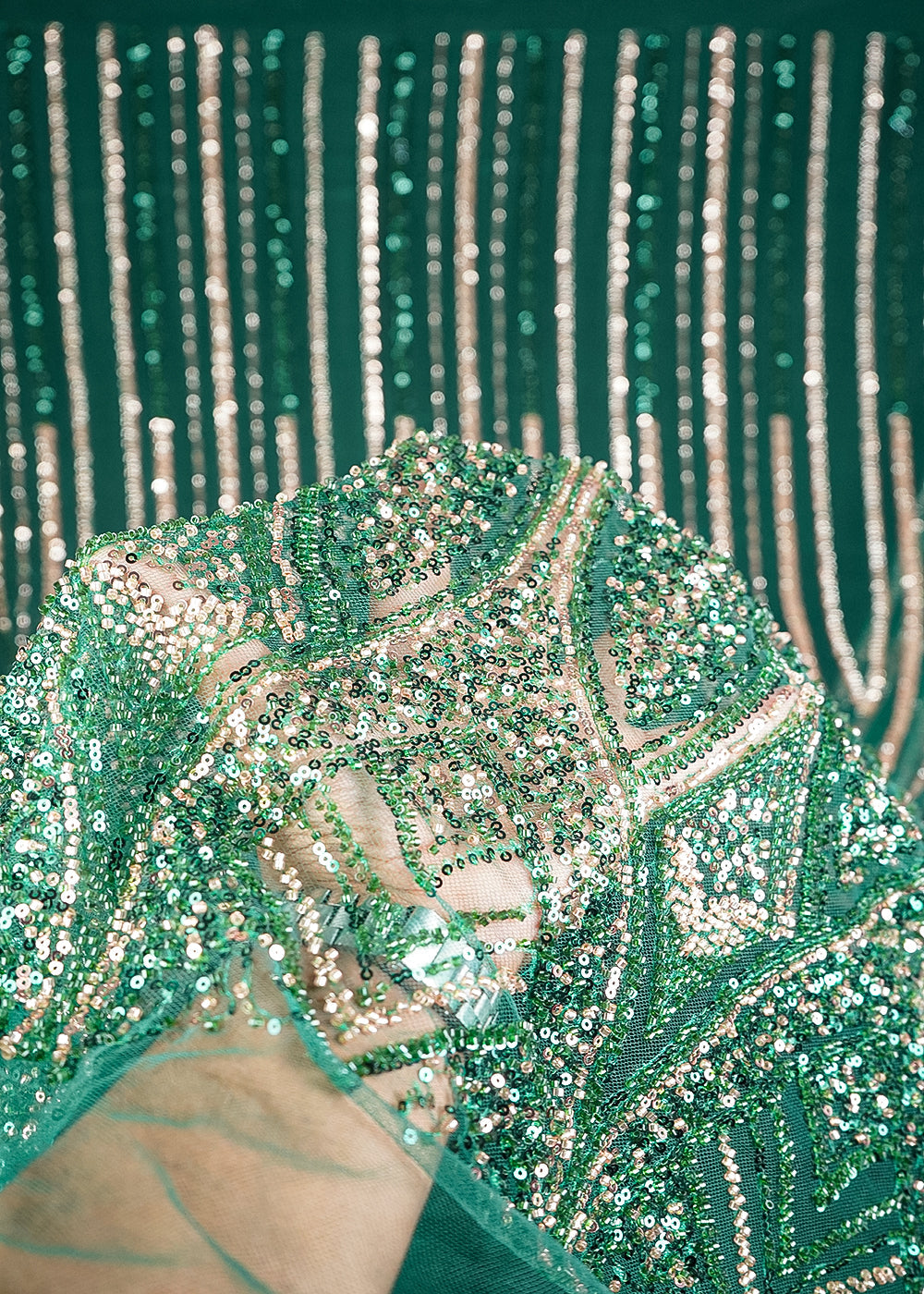 Bottel Green Imported Net Fabric With All Over Sequins And Katdana Work With Border 24125
