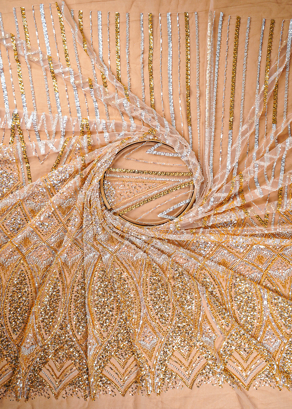 Golden Imported Net Fabric With All Over Sequins And Katdana Work With Border 24126
