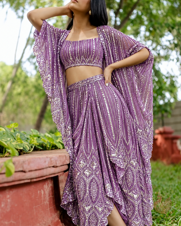 Purple Imported Net Fabric With All Over Sequins And Katdana Work With Border 24127