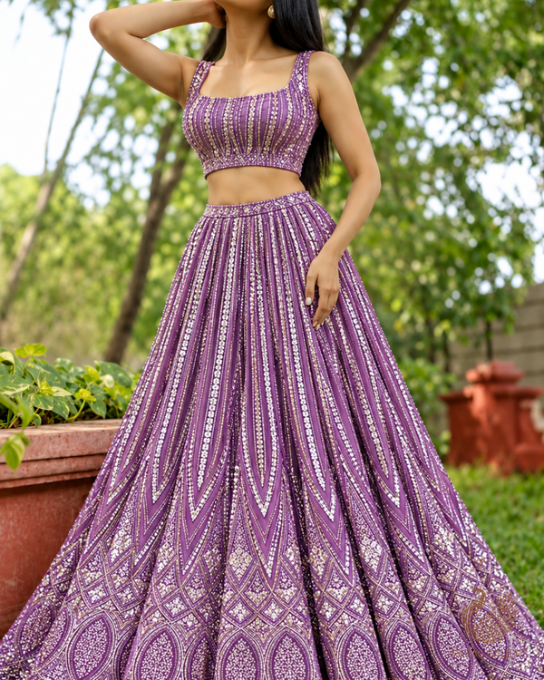 Purple Imported Net Fabric With All Over Sequins And Katdana Work With Border 24127