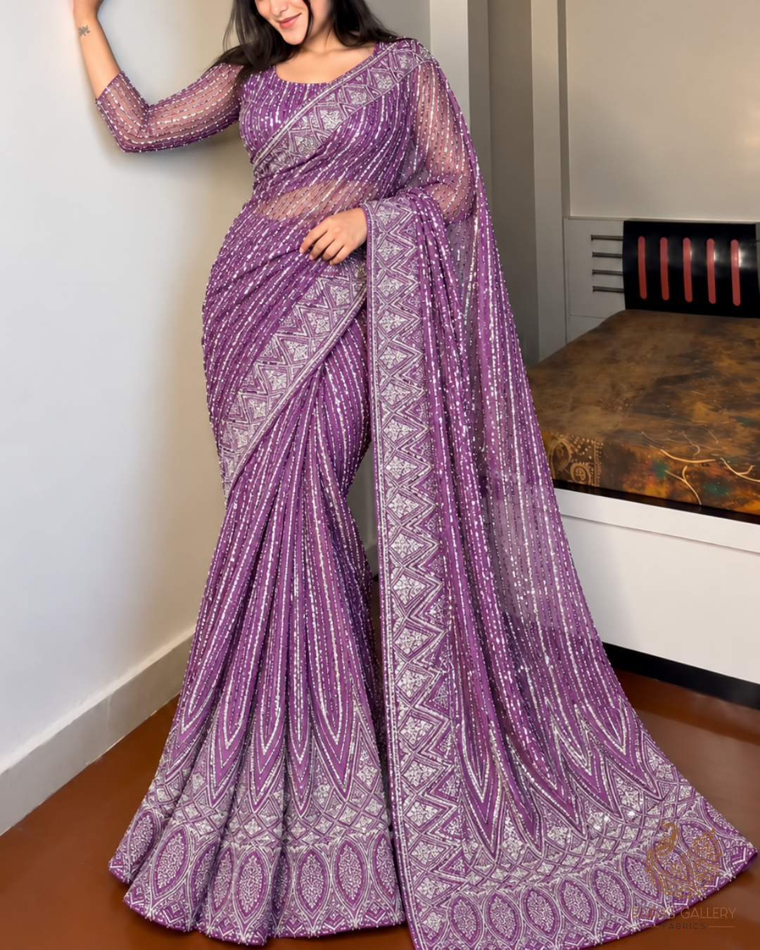 Purple Imported Net Fabric With All Over Sequins And Katdana Work With Border 24127