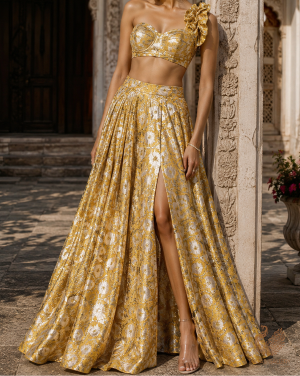 Yellow Imported Jacquard Fabric With All Over Foil Work 24131