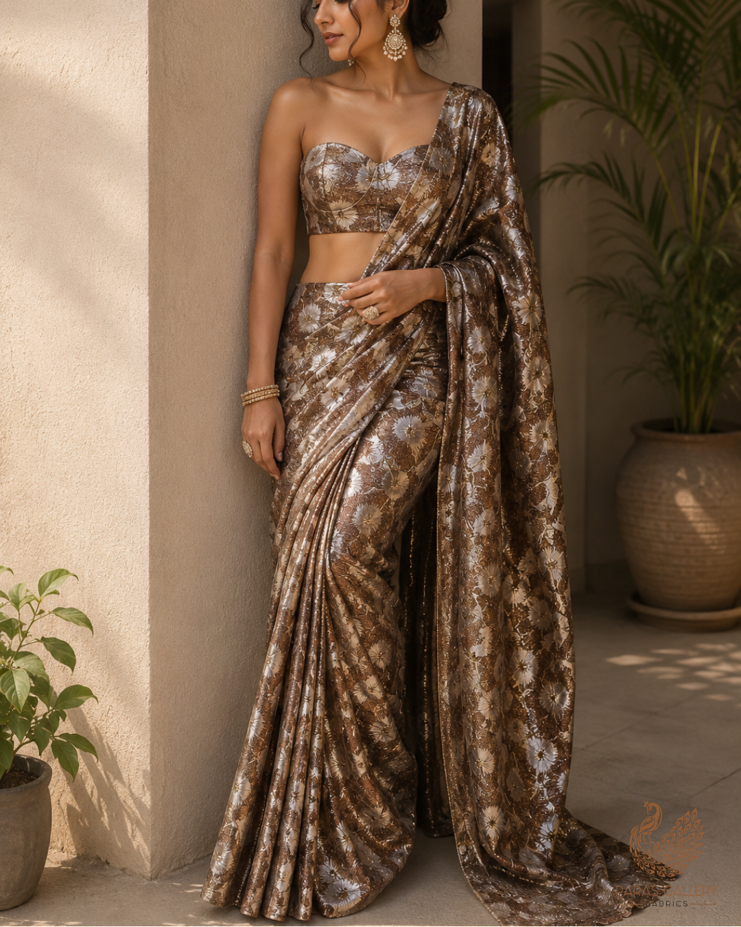 Brown Imported Jacquard Fabric With All Over Foil Work 24132