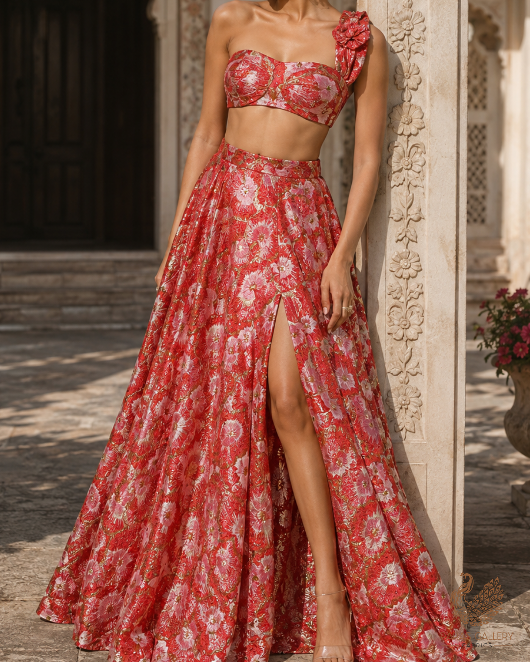 Red Imported Jacquard Fabric With All Over Foil Work 24133