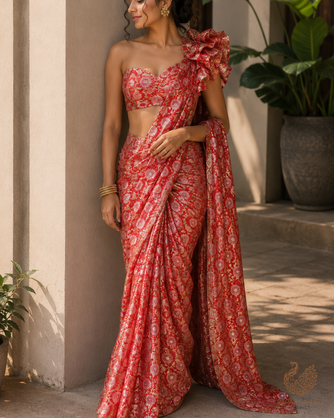 Red Imported Jacquard Fabric With All Over Foil Work 24133
