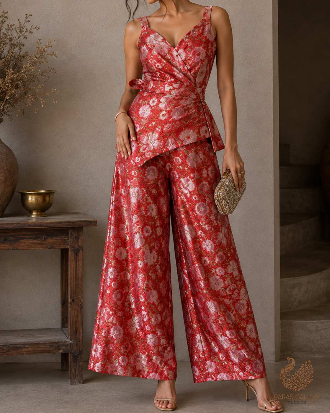 Red Imported Jacquard Fabric With All Over Foil Work 24133