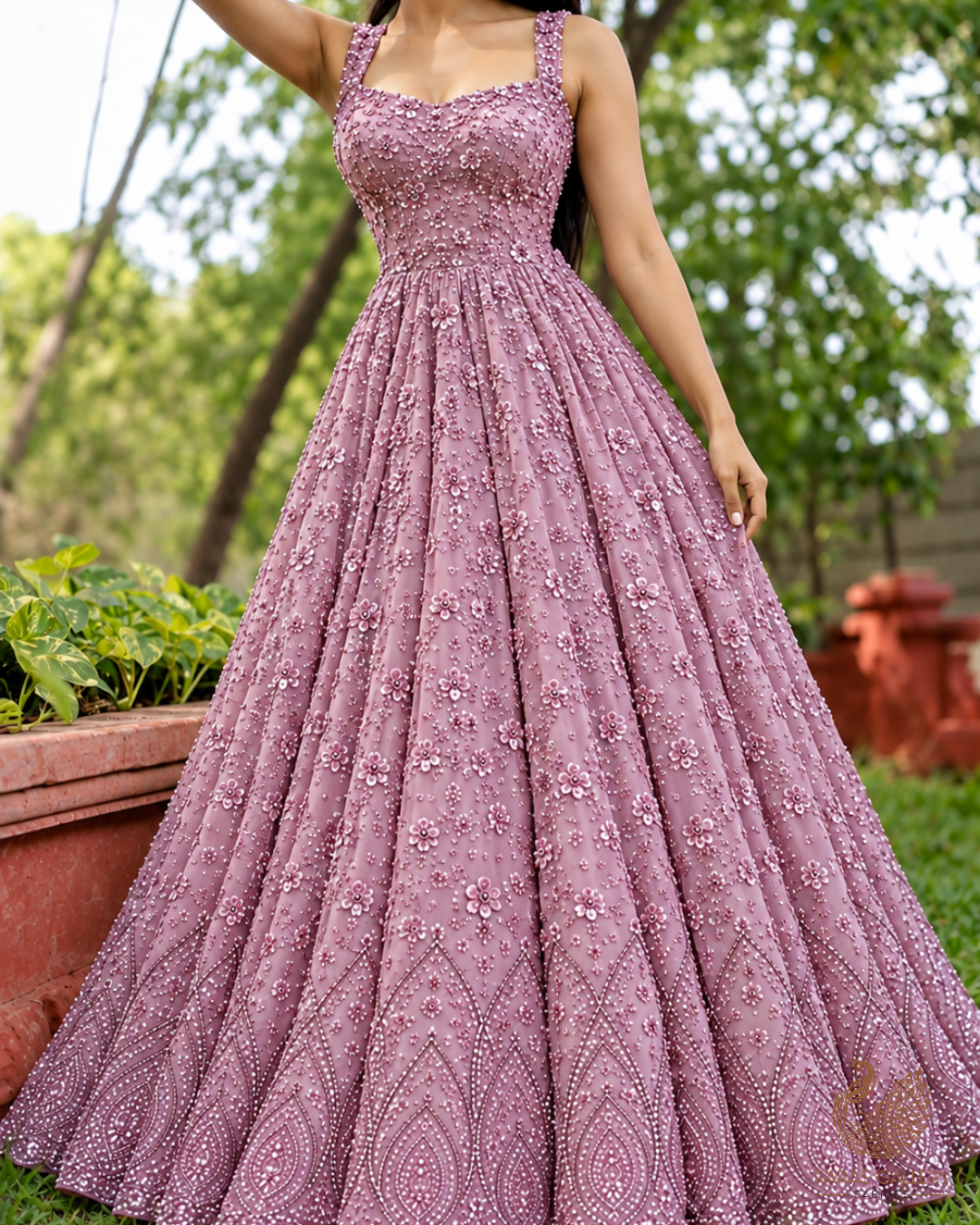 Mauve Imported Net Fabric With All Over Sequins And Katdana Work With Border 24141