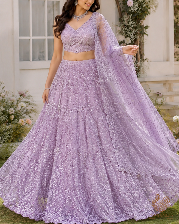 Lavender Imported Net Fabric With All Over Sequins And Katdana Work With Border 24142