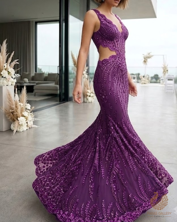 Purple Net Fabric With All Over Bead And Sequins Work 24143