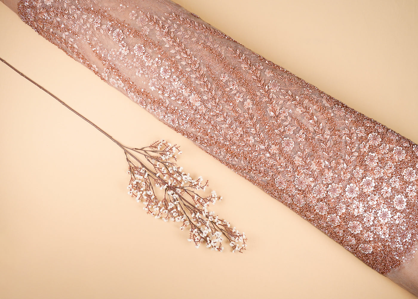Peach Net Fabric With All Over Bead And Sequins Work 24144