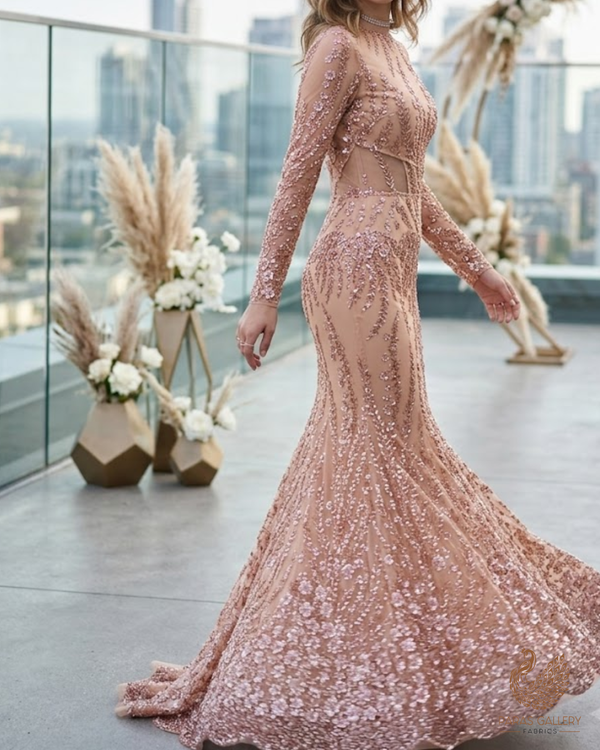Peach Net Fabric With All Over Bead And Sequins Work 24144