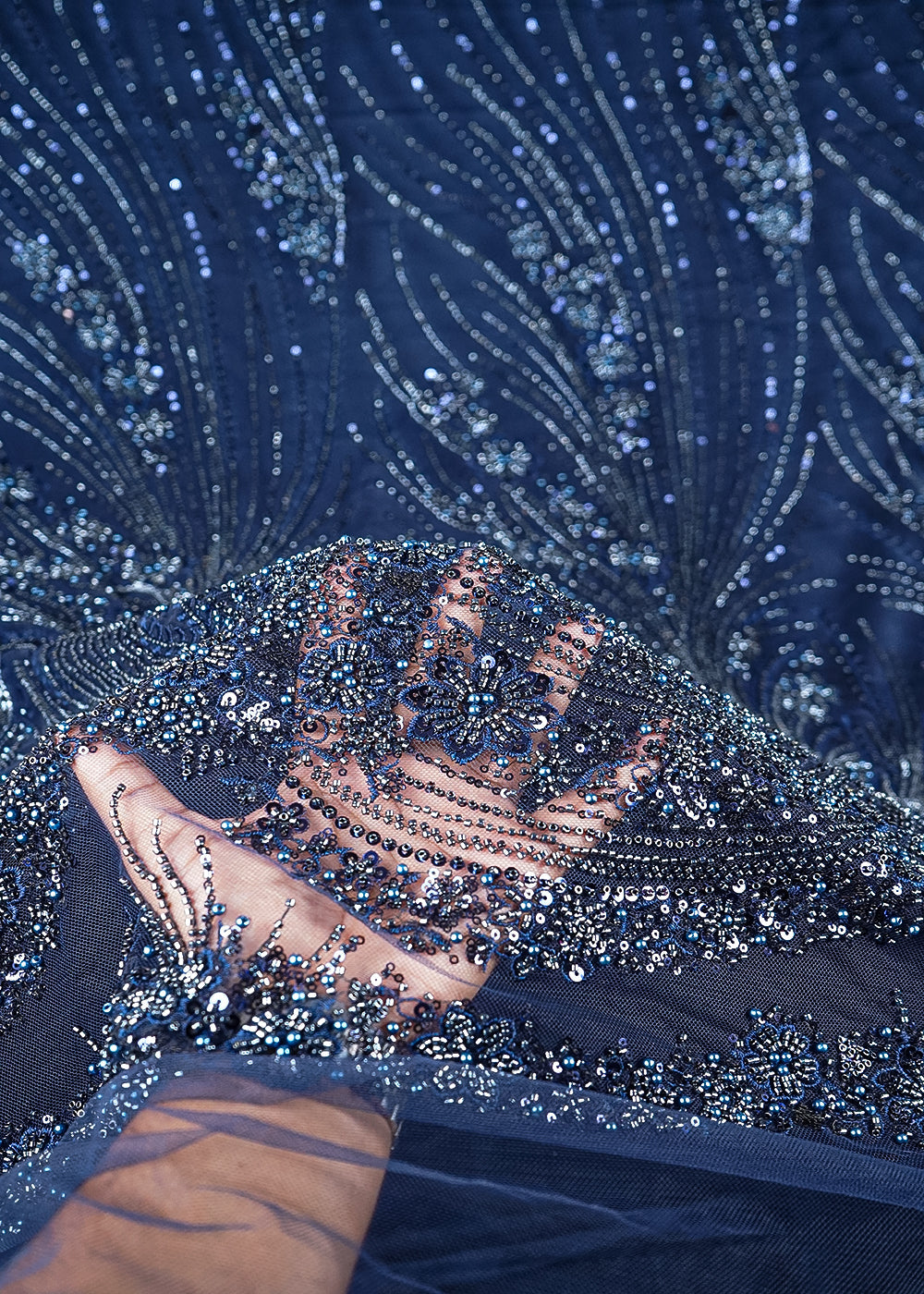Navy Blue Net Fabric With All Over Sequins, Katdana, Thread And Bead Work 24146