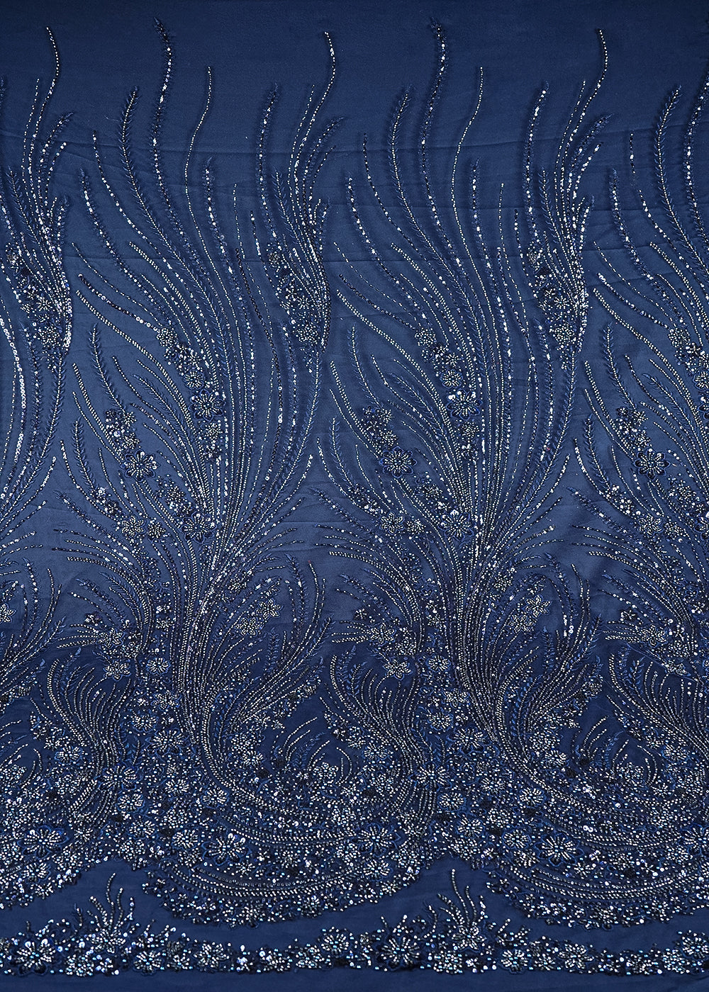 Navy Blue Net Fabric With All Over Sequins, Katdana, Thread And Bead Work 24146