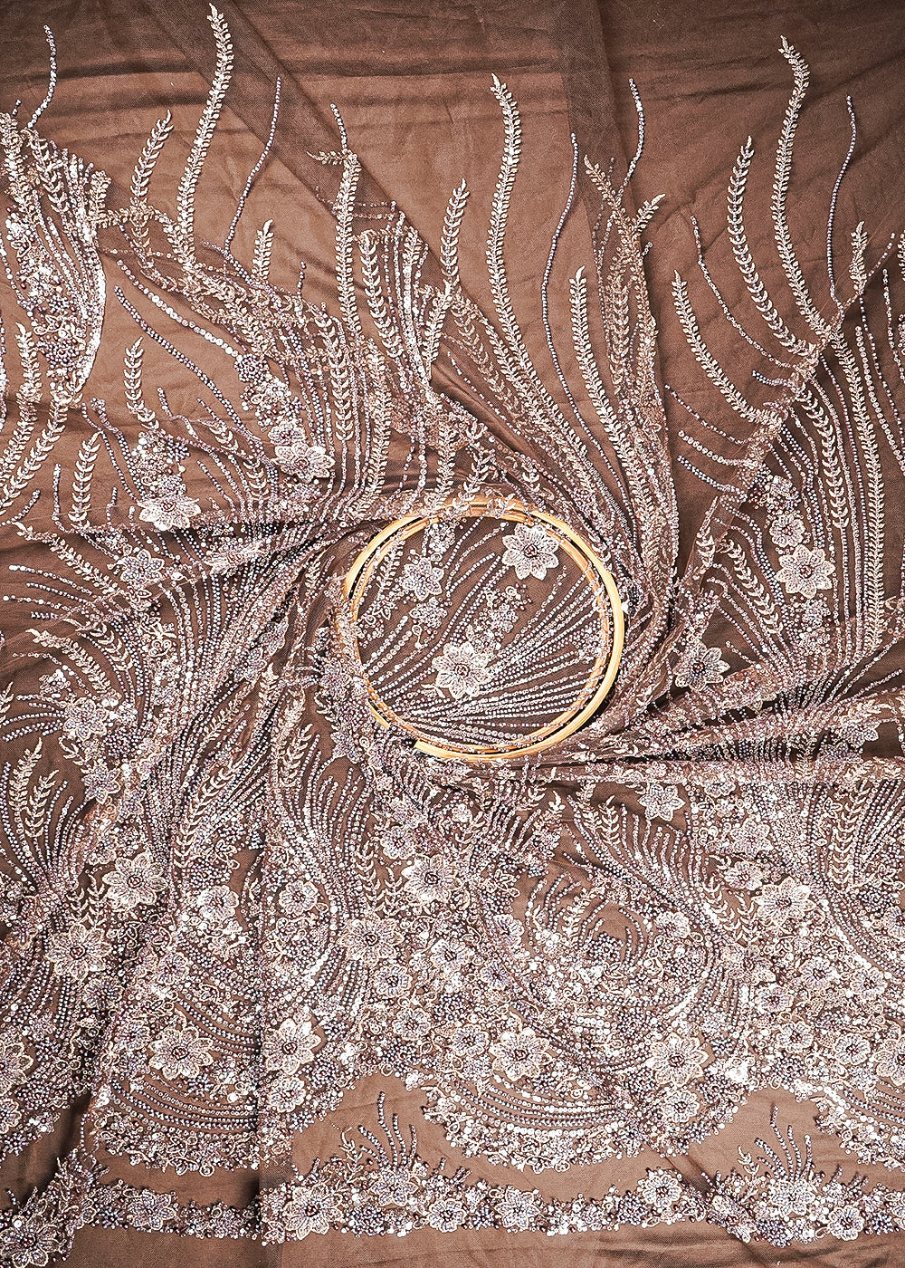Brown Net Fabric With All Over Sequins, Katdana, Thread And Bead Work 24147
