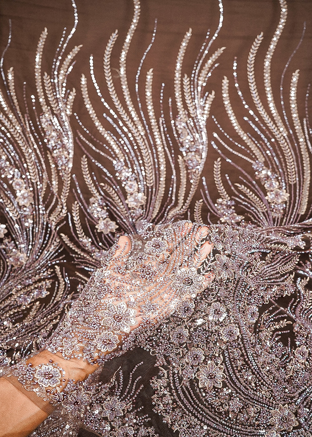 Brown Net Fabric With All Over Sequins, Katdana, Thread And Bead Work 24147