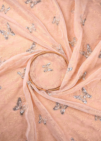 Beige Organza & Sandlin Lace Fabric With All Over Sequins And Bead Work 24149